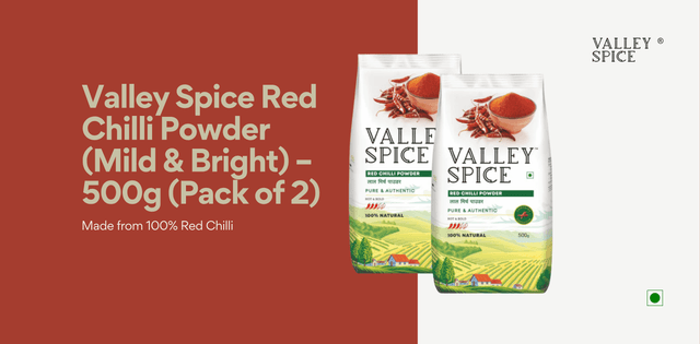 Valley Spice Red Chilli Powder (Mild & Bright) – 500g (Pack of 2) |Red Chilli Powder |Natural |Standee Pack