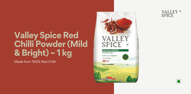 Valley Spice Red Chilli Powder (Mild & Bright) – 1 kg |Red Chilli Powder |Natural |Standee Pack