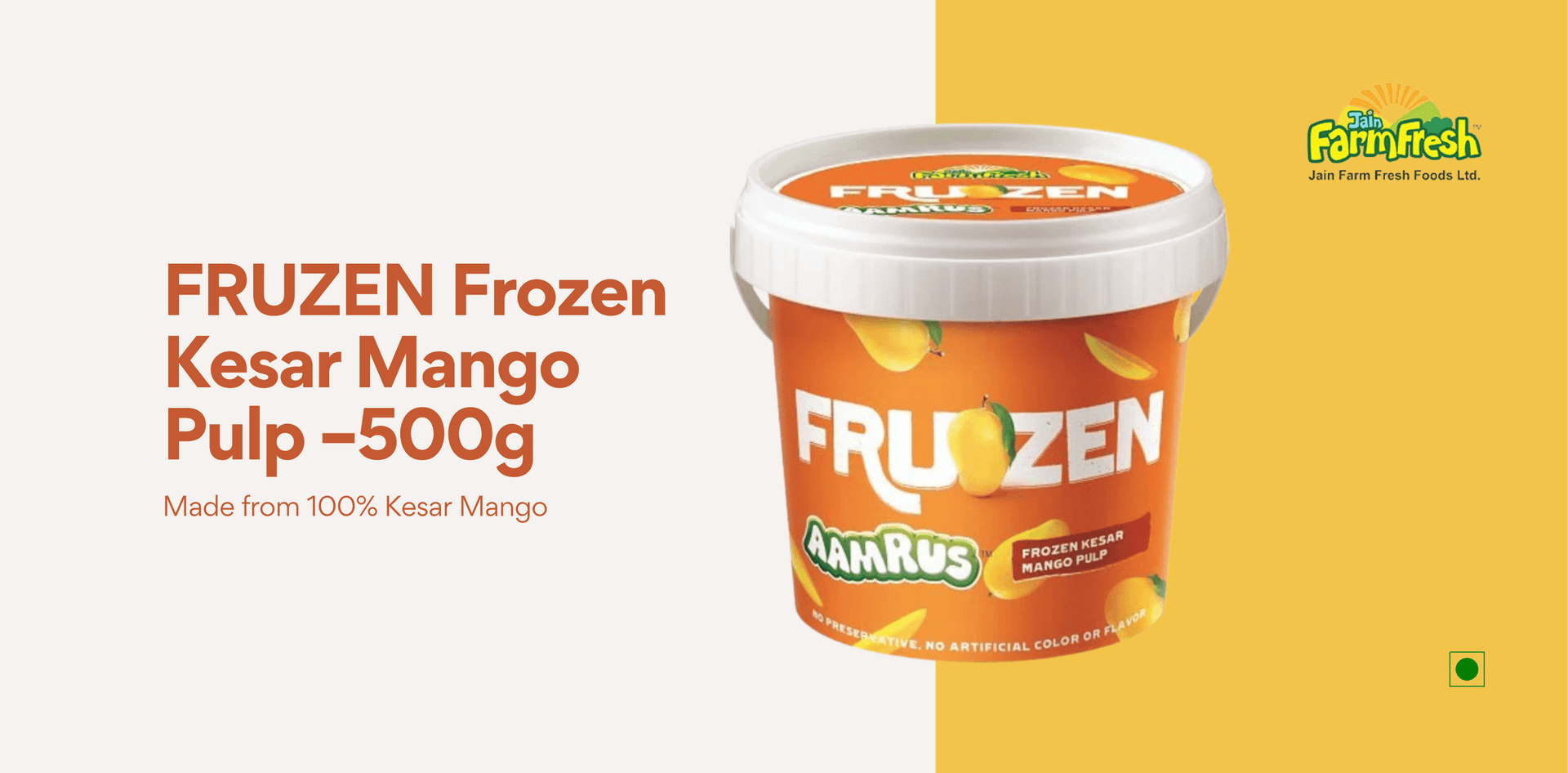 FRUZEN Frozen Kesar Mango Pulp -500g |Kesar Mango Pulp |Natural |500g - Tub