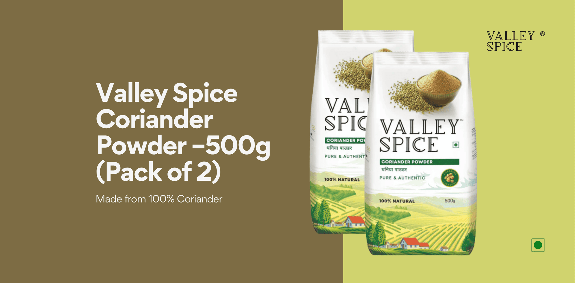 Valley Spice Coriander Powder –500g (Pack of 2) |Coriander Powder |Natural| Standee Pack