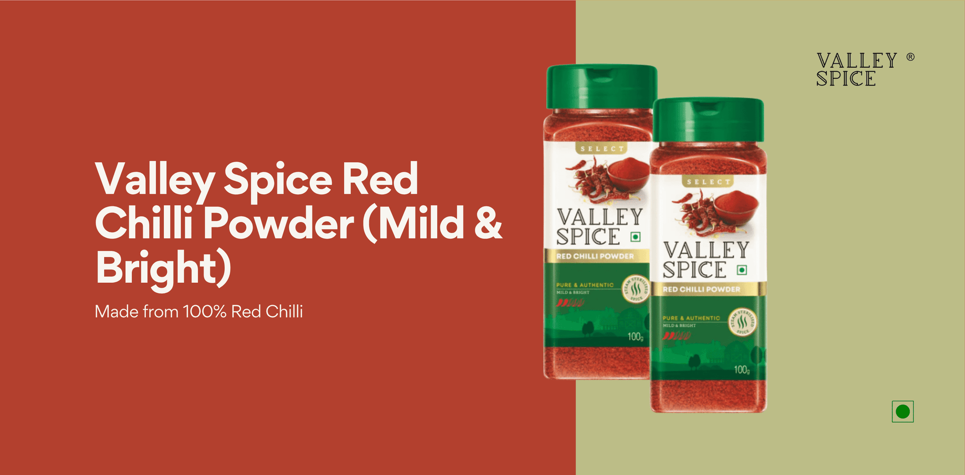 Valley Spice Red Chilli Powder (Mild & Bright) – 50g (Pack of 2)